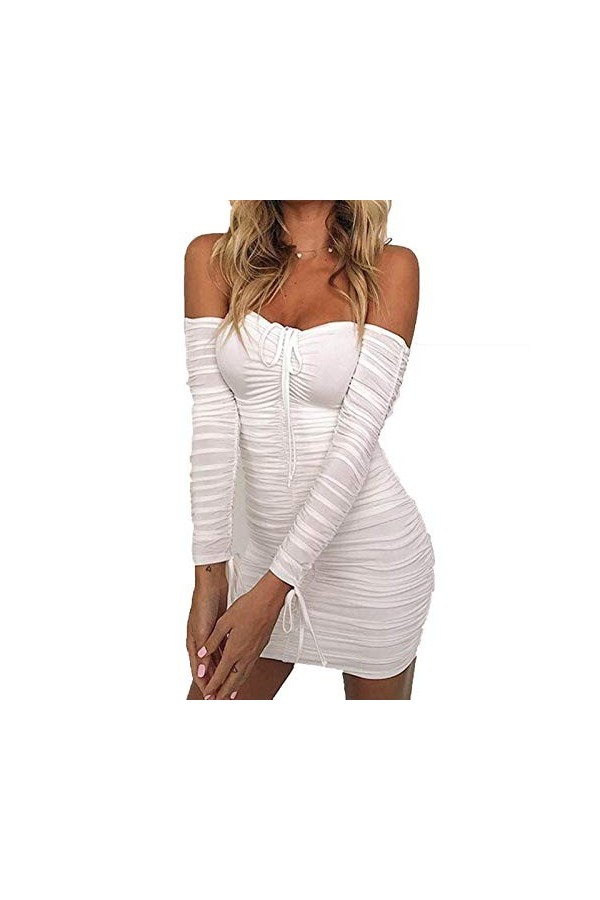 Robe Plissée À Cordon, Jupe Courte Ajustable À Manches Longues pour Le Printemps Et Lété, Jupe Sexy À La Hanche,Blanc,Medium