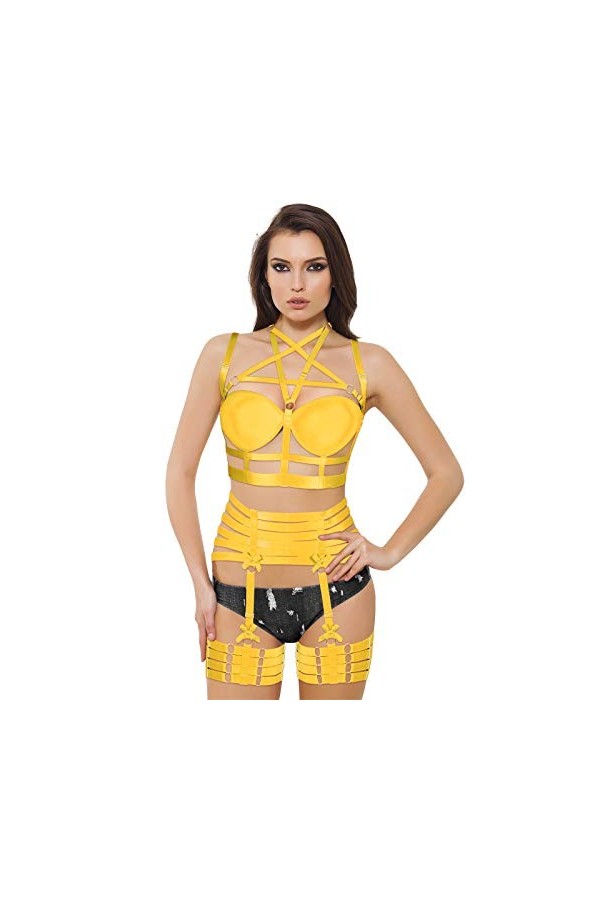 Pentagram Full Body Harness Bra Women Lingerie Cage Set Punk Jarretière Ceinture Poitrine Festival Rave Gothique Tissu Extens