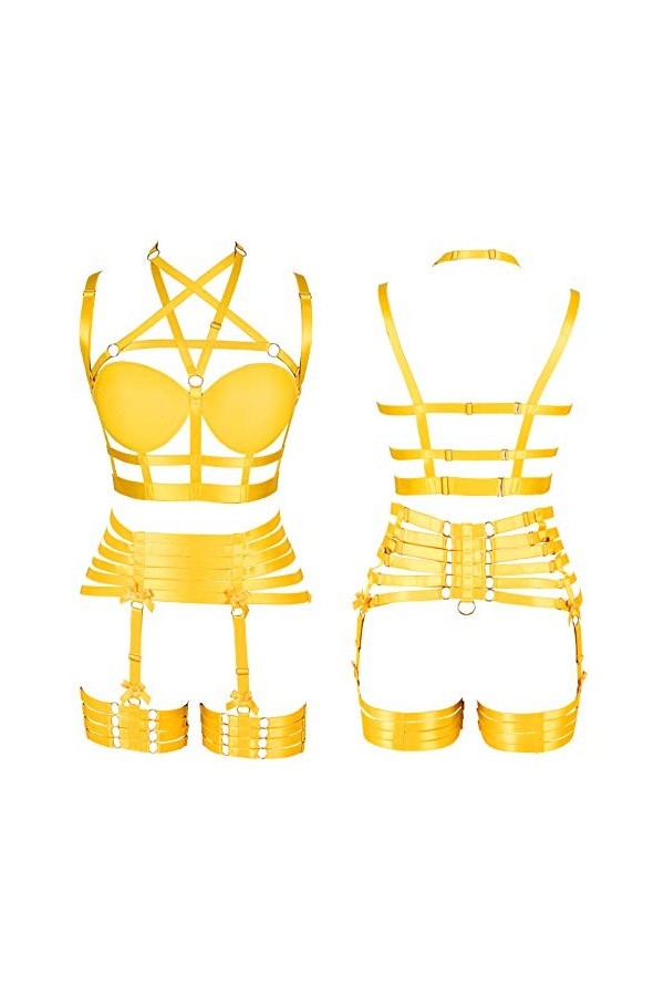 Pentagram Full Body Harness Bra Women Lingerie Cage Set Punk Jarretière Ceinture Poitrine Festival Rave Gothique Tissu Extens