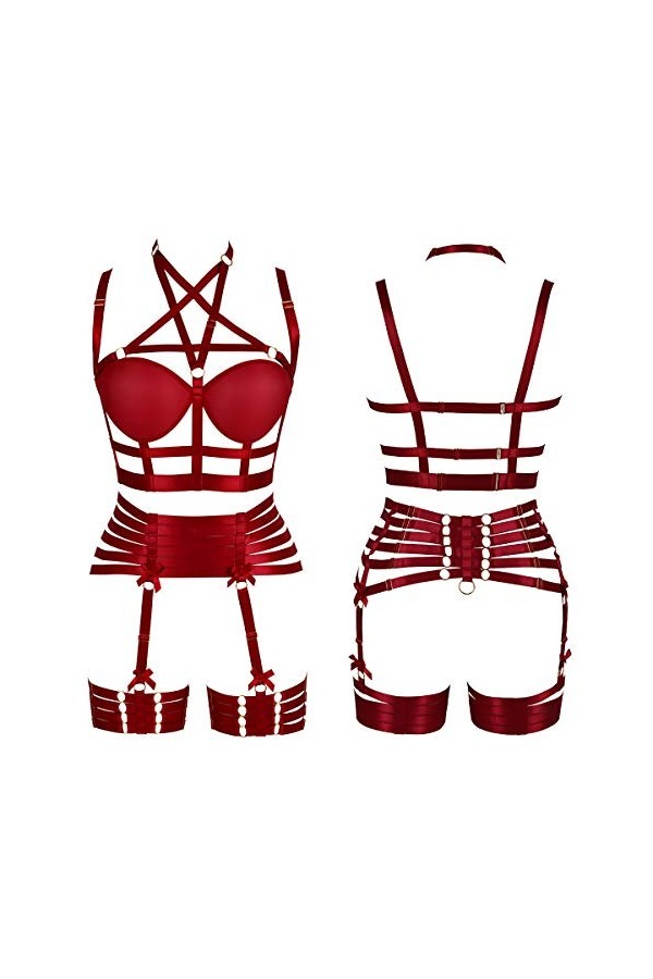 Pentagram Full Body Harness Bra Women Lingerie Cage Set Punk Jarretière Ceinture Poitrine Festival Rave Gothique Tissu Extens