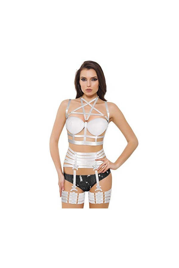 Pentagram Full Body Harness Bra Women Lingerie Cage Set Punk Jarretière Ceinture Poitrine Festival Rave Gothique Tissu Extens
