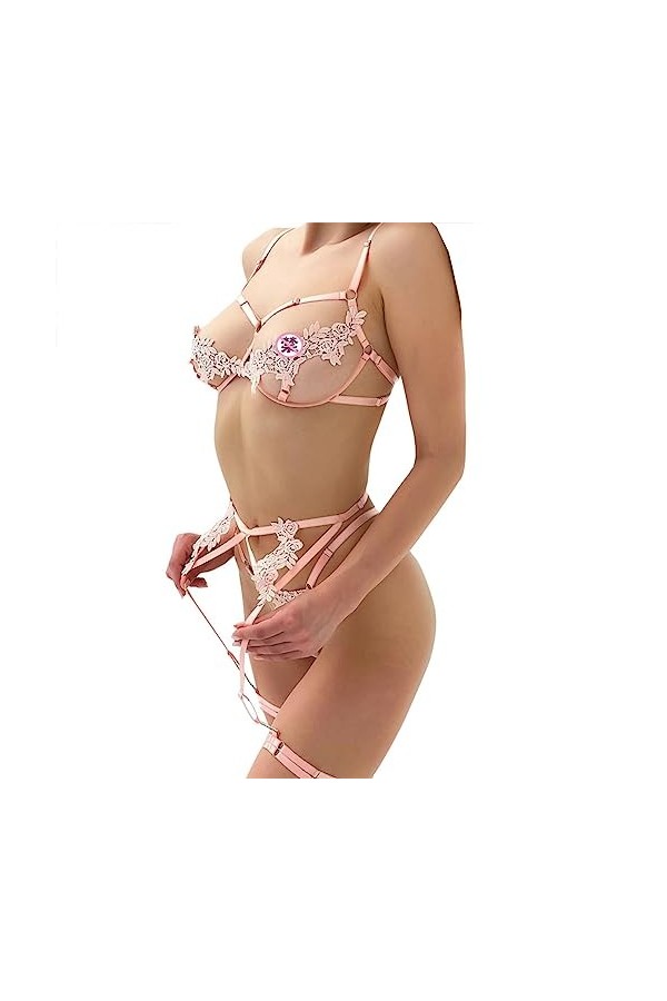 MiniSexy Lotion Soluble Lingerie érotique Quatre pièces, Rose, S