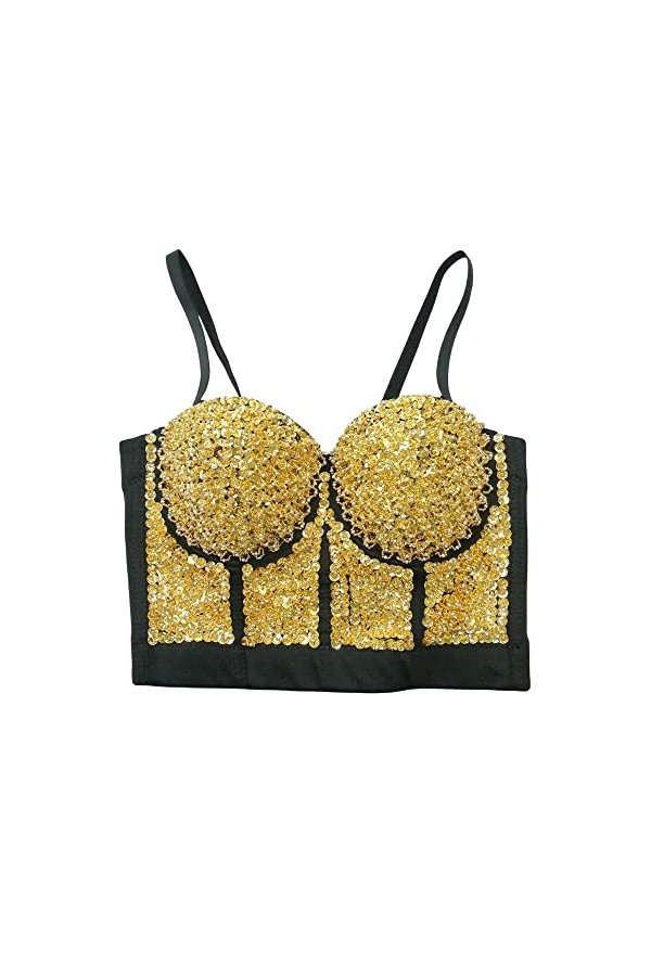 Haut Corset Bustier à Paillettes Fait Main avec Perles en Pierre Précieuse pour Style Punk Gothique Clubwear - Or