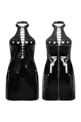 Robe en latex pour femme - Lingerie érotique - Effet mouillé - Cuir verni - Creux - À lacets - Noir - XXL