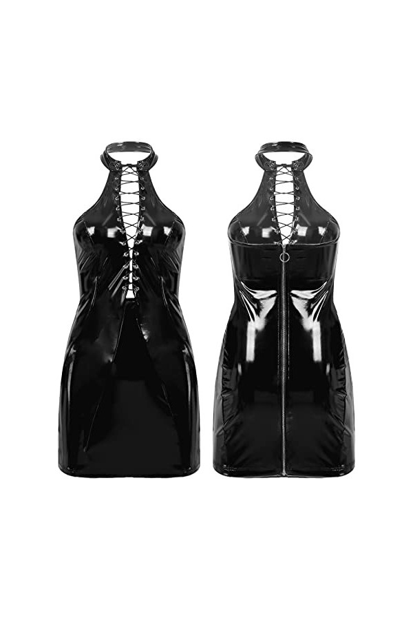 Robe en latex pour femme - Lingerie érotique - Effet mouillé - Cuir verni - Creux - À lacets - Noir - XXL