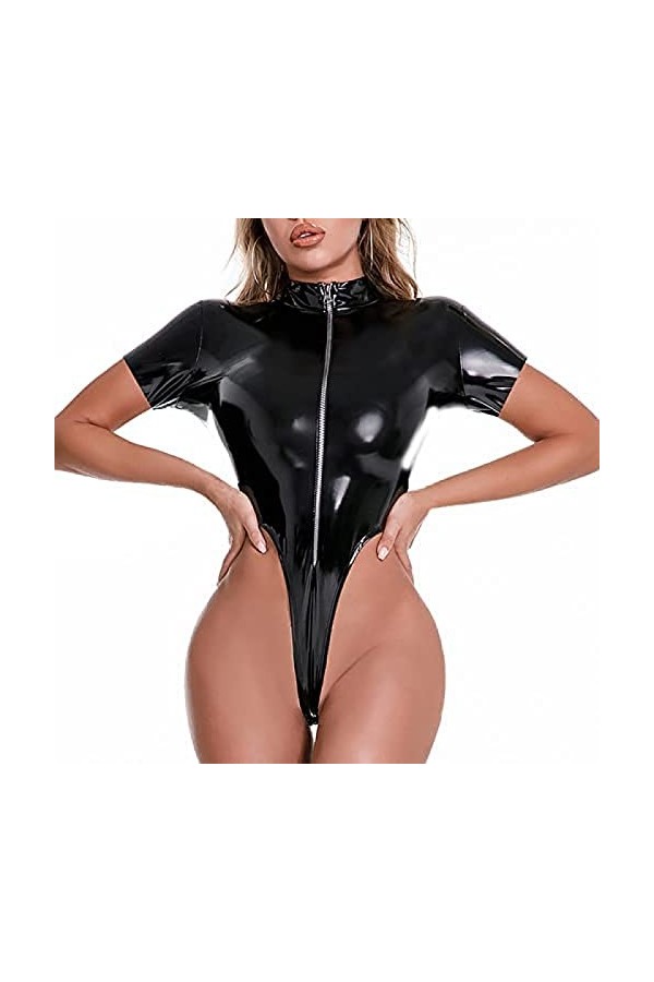 Femmes En Cuir Verni Body Discothèque Sexy Wetlook Lingerie Cou Performance Uniformes,Noir,XX-Grand