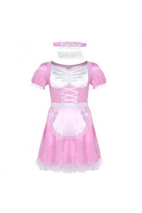 Sissy Uniforme de soubrette française sexy en satin avec ras du cou et bandeau Type B Rose Taille L