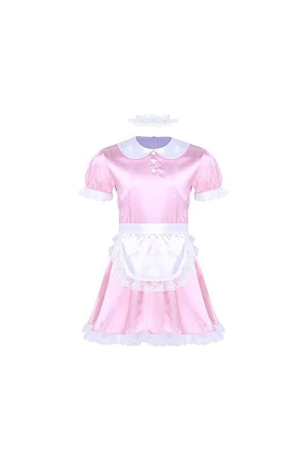 Sissy Uniforme de soubrette française sexy en satin avec ras du cou et bandeau Type B Rose Taille L