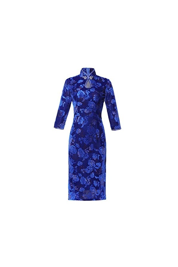 Bervoco Robe Cheongsam en velours avec impression chinoise Qipao élégante et élastique, Velours rouge de Chine, XX-Large