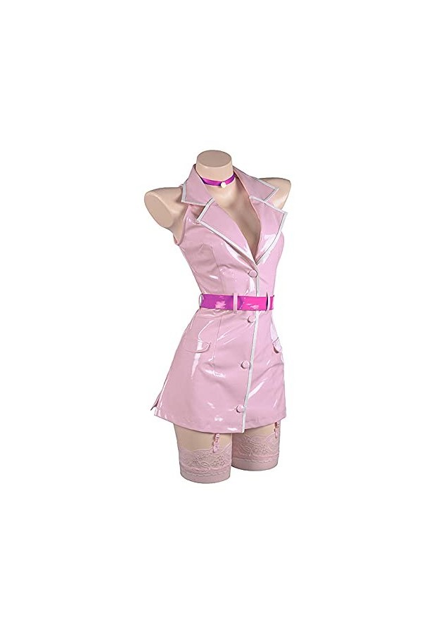 SSBSQ Cosplay Costume PU Cuir Sexy Infirmière Sexy Uniforme Halloween Party Femmes sans Manches Polo Collier Robe-Rose_XL