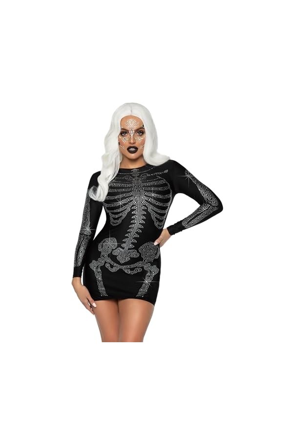 Leg Avenue Rhinestone Skeleton Dress Adult Sized Costumes, Noir, L Femme
