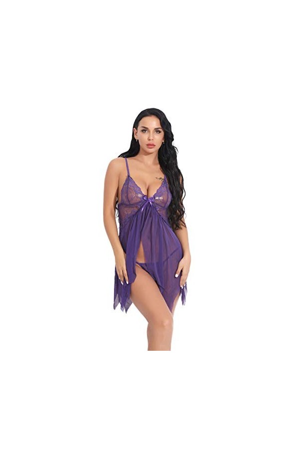 Costumes Sexy Femme Lingerie Sexy Femme Ensemble De Pyjama De Robe De Filet Sexy@Purple_XXL