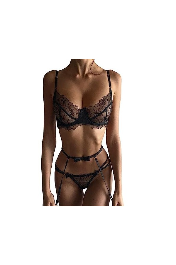 Ensemble de Lingerie 2 pièces for Femme avec jarretière et Soutien-Gorge à col en V et Culotte découpée