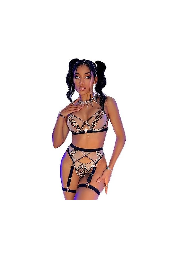 ZTIANEF Plus grande tailleSexy panneaux imprimés léopard lingerie érotique uniforme costume transparent, imprimé léopard, S