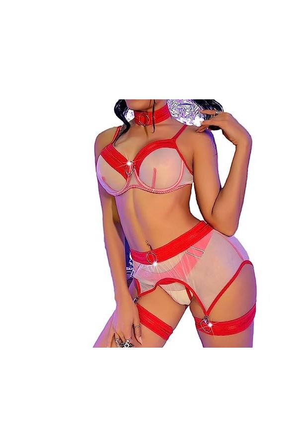 ZTIANEF Costume de femme de chambreLingerie érotique transparente sexy uniforme ensemble, rouge, S