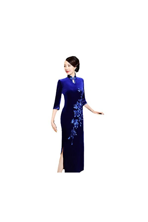 Bervoco Qipao Collier en velours noir brodé avec gouttes deau chinoises Cheongsam pour femme Style oriental Manches longues,