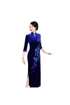 Bervoco Qipao Collier en velours noir brodé avec gouttes deau chinoises Cheongsam pour femme Style oriental Manches longues,