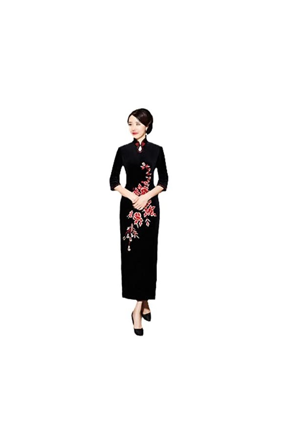 Bervoco Qipao Collier en velours noir brodé avec gouttes deau chinoises Cheongsam pour femme Style oriental Manches longues,