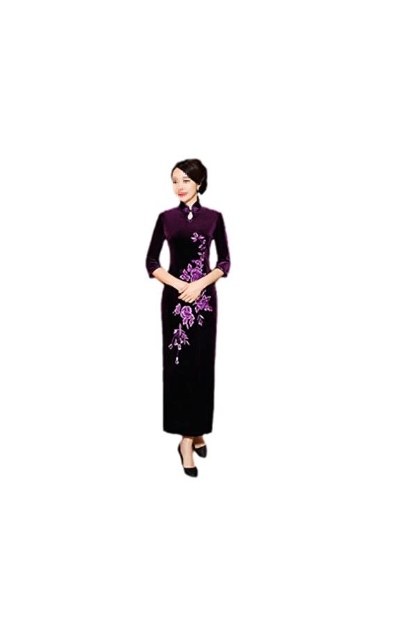 Bervoco Qipao Collier en velours noir brodé avec gouttes deau chinoises Cheongsam pour femme Style oriental Manches longues,