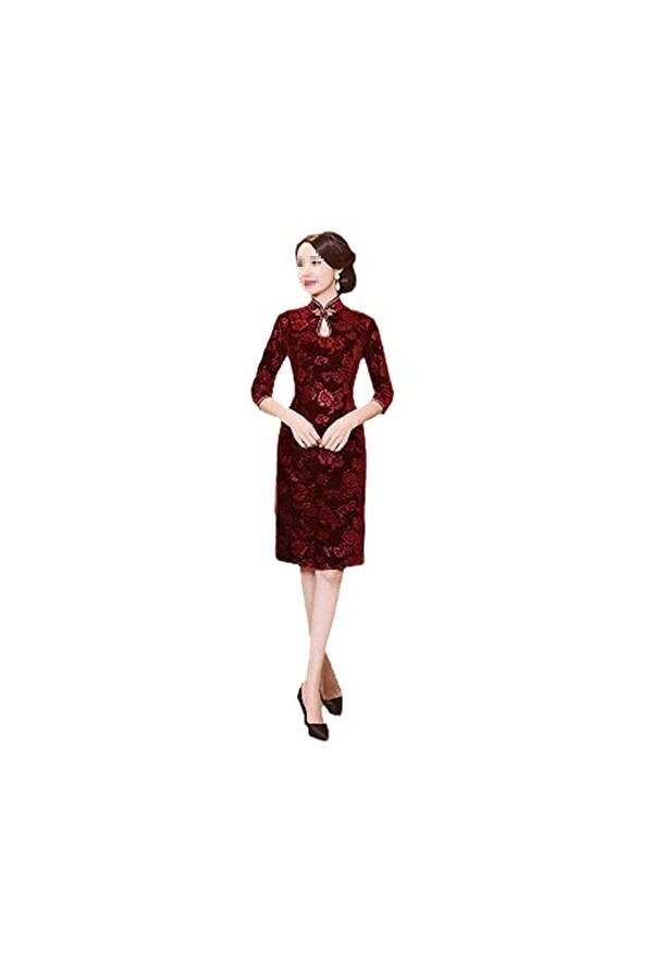 Bervoco Robe Cheongsam en velours avec impression chinoise Qipao élégante et élastique, Velours rouge de Chine, XX-Large