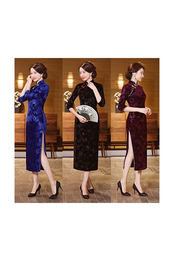 Bervoco Robe Cheongsam en velours avec impression chinoise Qipao élégante et élastique, Velours rouge de Chine, XX-Large