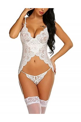 RWRAPS sous-vêtements Sexy en Dentelle Transparente, Gilet, Porte-Jarretelles, Collants de Tentation avec Bretelles en Dentel