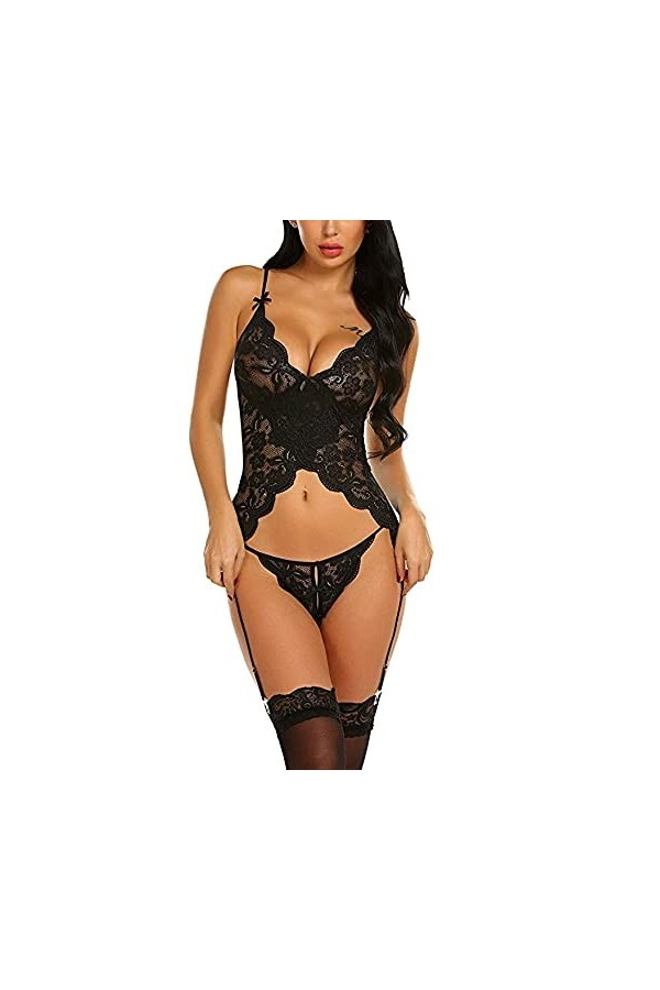 RWRAPS sous-vêtements Sexy en Dentelle Transparente, Gilet, Porte-Jarretelles, Collants de Tentation avec Bretelles en Dentel