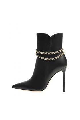 LEBE 12cm Talons Hauts Bottines Noires à Talons Aiguilles en PU avec chaîne dorée-Black||46