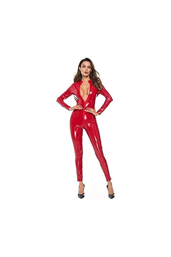Femmes Sexy Lingerie Zipper Justaucorps Body En Cuir Verni Haute Élasticité Costumes,Noir,Grand