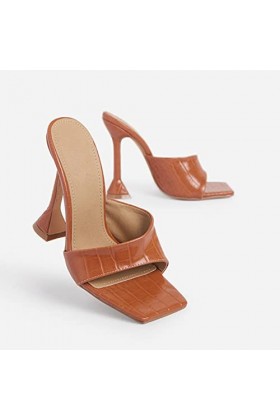 EDWRD Talon Aiguille Talons Hauts Sexy 43 Toe Carré Verre À Vin Talon 10CM Dames Sandales,Brown-39