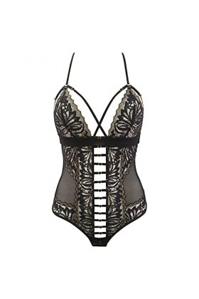 Axami Body sexy noir avec ornements dorés et découpes découpées, Noir , XS