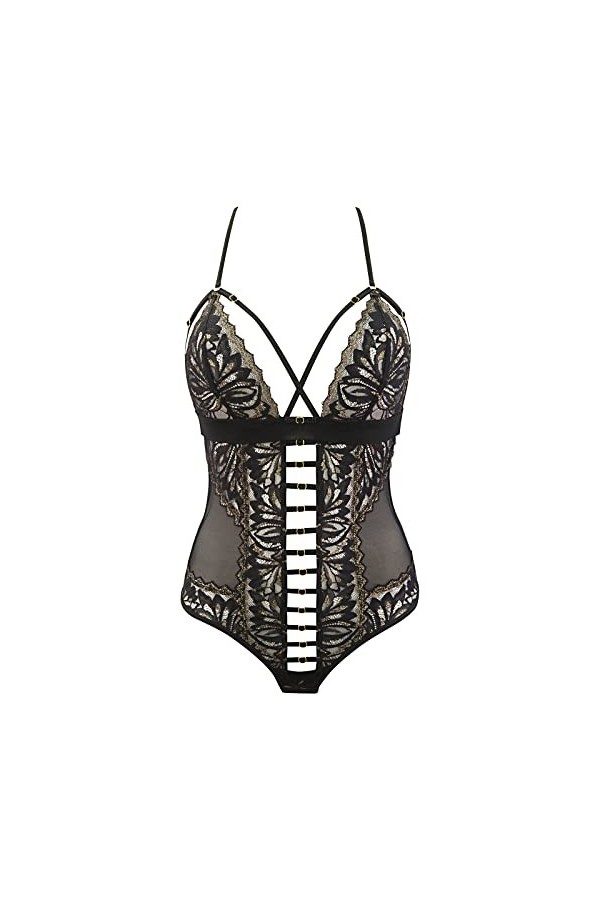 Axami Body sexy noir avec ornements dorés et découpes découpées, Noir , XS