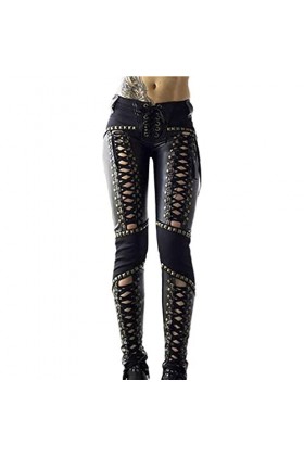 ZLZNX Pantalons en Similicuir pour Femmes Sexy Bandage Rivet évider serrés Petits Pieds Pantalons Bar Body Costumes de scène 