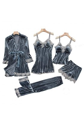 KUXUAN Ensembles de Pyjamas Sexy pour Femmes 5 Pièces - Velours Doré,Chemise de Nuit Sexy à Bretelles avec Coussinet de Poitr