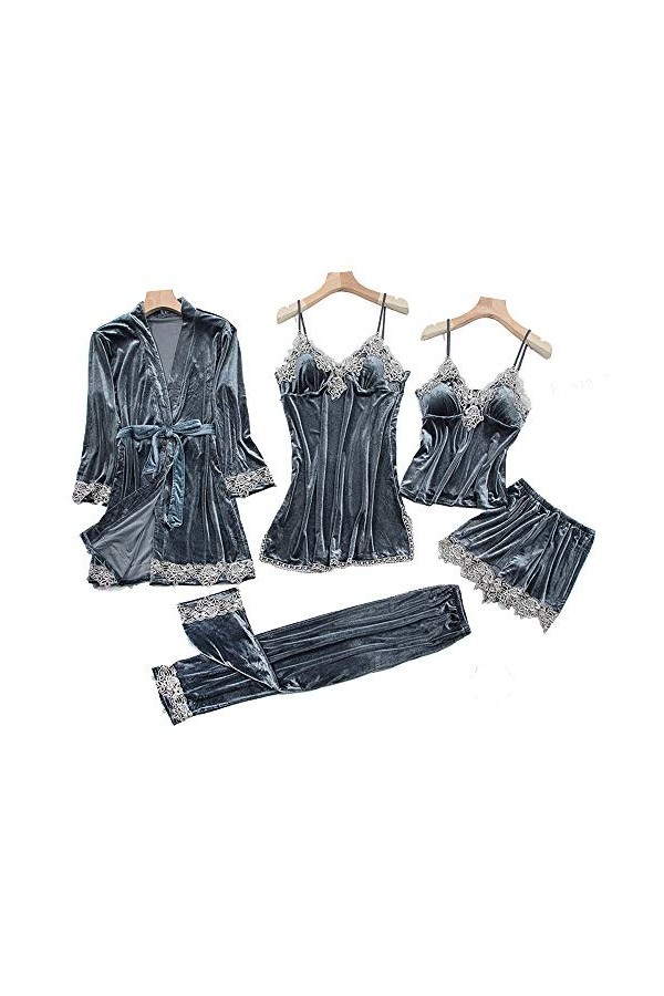 KUXUAN Ensembles de Pyjamas Sexy pour Femmes 5 Pièces - Velours Doré,Chemise de Nuit Sexy à Bretelles avec Coussinet de Poitr