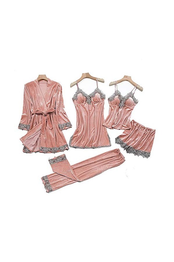 KUXUAN Ensembles de Pyjamas Sexy pour Femmes 5 Pièces - Velours Doré,Chemise de Nuit Sexy à Bretelles avec Coussinet de Poitr