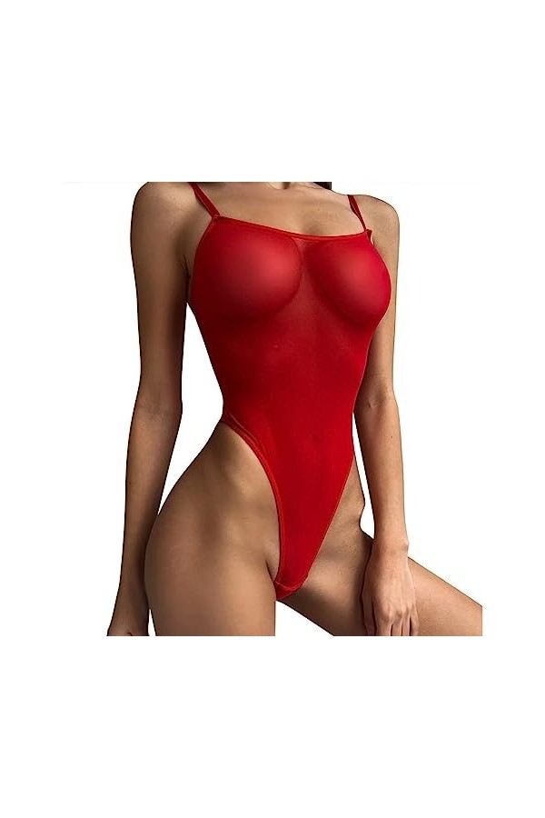 BAWHO Lingerie Sexy pour Femmes en Cuir, Combinaison Transparente en Maille, Pyjama érotique à Bretelles