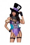 Leg Avenue 3 PC Mischievous Mad Hatter, includes garter bodysuit with strappy deep-V and puff sleeves, bow collar, and mad ha