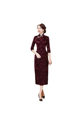 Bervoco Robe Cheongsam en velours avec impression chinoise Qipao élégante et élastique, Robe en velours violet, XX-Large