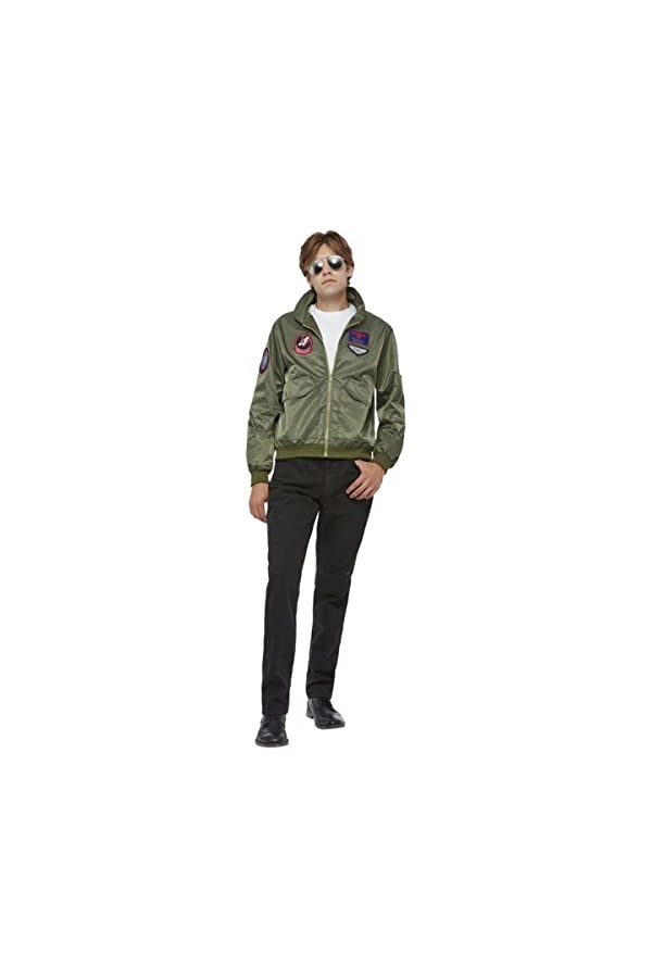 Smiffys 52543M Blouson bomber vert sous licence officielle Top Gun Maverick pour homme, taille M 96,5-101,6 cm