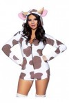 Leg Avenue Comfy Cow, features ultra-soft velvet plush zip up romper with cow bell zipper pull, horn and ear hood, and fur-ti