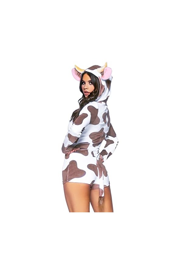 Leg Avenue Comfy Cow, features ultra-soft velvet plush zip up romper with cow bell zipper pull, horn and ear hood, and fur-ti
