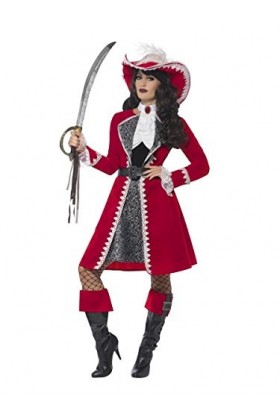 Smiffys Authentique costume de femme capitaine Deluxe, Rouge, avec robe, veste, cravate - XL