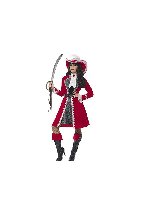 Smiffys Authentique costume de femme capitaine Deluxe, Rouge, avec robe, veste, cravate - XL