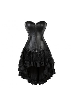 DELIGUO Bustiers et Corsets Femme - Top Corset en Similicuir Noir avec Jupe en Dentelle Ensembles Sexy Steampunk Fermeture À 
