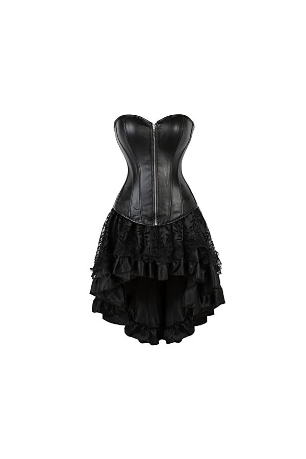 DELIGUO Bustiers et Corsets Femme - Top Corset en Similicuir Noir avec Jupe en Dentelle Ensembles Sexy Steampunk Fermeture À 