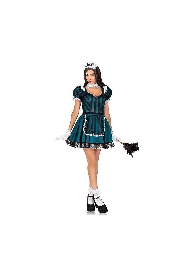 Leg Avenue 4 PC Victorian Maid, includes striped dress with jewel accent and built in petticoat, lace trimmed apron, collar, 