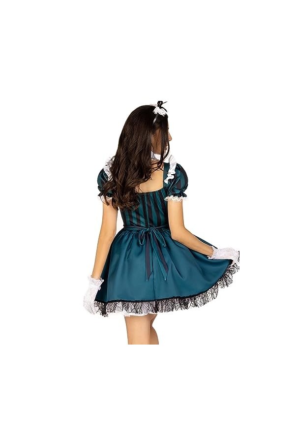 Leg Avenue 4 PC Victorian Maid, includes striped dress with jewel accent and built in petticoat, lace trimmed apron, collar, 