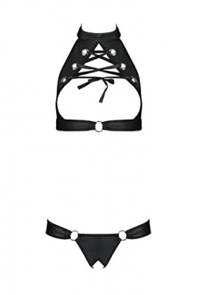 Passion Ensemble de lingerie en cuir synthétique avec soutien-gorge et string ouvert L/XL, Noir , L/XL