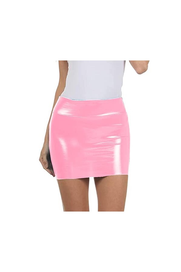 Women PU Leather Short Pencil Mini Skirt,Pink,L